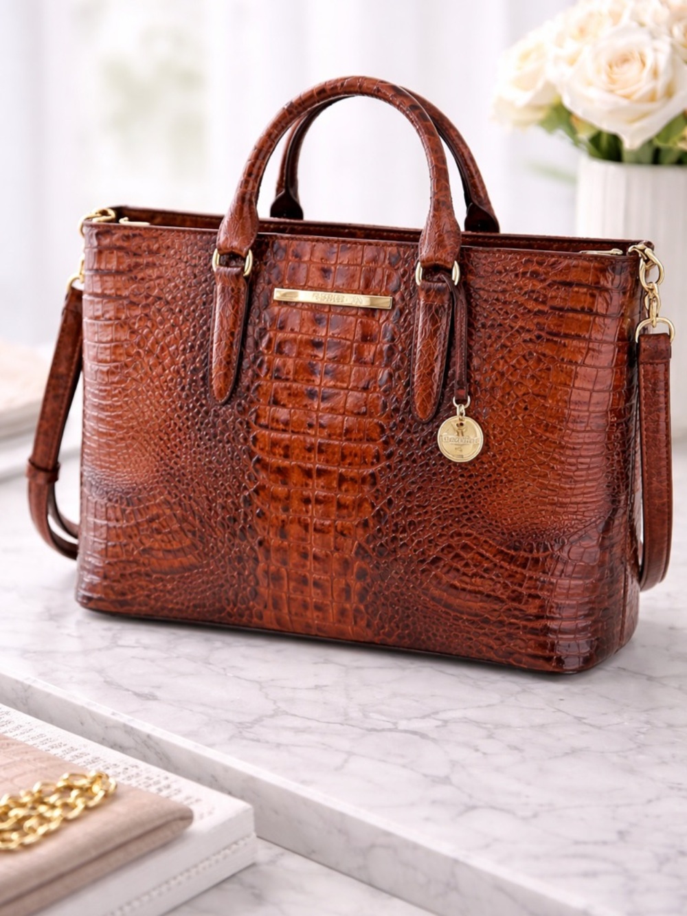 Brahmin Melbourne Leather Business Tote Pecan Croc Embossed Laptop Work Bag
